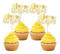 Ephlyn 24Pcs Happy Birthday Cupcake Toppers Double Layer Glitter Happy Birthday Cake Decorations for Baby Shower Theme Kids Boys Girls Birthday Anniversary Party Decorations Supplies Gold