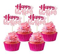Ephlyn 24Pcs Happy Birthday Cupcake Toppers Double Layer Glitter Happy Birthday Cake Decorations for Celebrating Baby Shower Theme Kids Boys Girls Birthday Anniversary Party Supplies Rose Red Pink