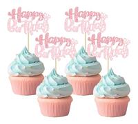 Ephlyn 24Pcs Happy Birthday Cupcake Toppers Double Layer Glitter Happy Birthday Cake Decorations for Baby Shower Kids Boys Girls Birthday Anniversary Party Cake Decorations Supplies Pink Light Pink