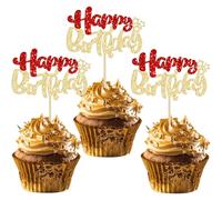 Ephlyn 24Pcs Happy Birthday Cupcake Toppers Double Layer Glitter Happy Birthday Cake Decorations for Christmas Theme Baby Shower Anniversary Party Decorations Supplies Red Gold