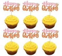 Ephlyn 24Pcs Happy Birthday Cupcake Toppers Double Layer Glitter Happy Birthday Cake Decorations for Celebrating Baby Shower Theme Kids Boys Girls Birthday Anniversary Party Supplies Pink Orange