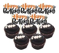 Ephlyn 24Pcs Happy Birthday Cupcake Toppers Double Layer Glitter Happy Birthday Cake Decorations for Halloween Baby Shower Theme Anniversary Party Cake Decorations Supplies Black Orange
