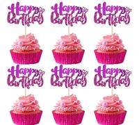 Ephlyn 24Pcs Happy Birthday Cupcake Toppers Double Layer Glitter Happy Birthday Cake Decorations for Celebrating Baby Shower Theme Kids Boys Girls Anniversary Party Decorations Supplies Purple