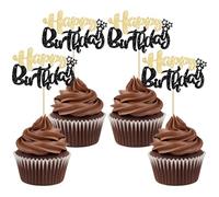 Ephlyn 24Pcs Happy Birthday Cupcake Toppers Double Layer Glitter Happy Birthday Cake Decorations for Celebrating Baby Shower Theme Kids Boys Girls Birthday Party Cake Decorations Supplies Black Gold