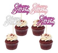 Ephlyn 24Pcs Happy Birthday Cupcake Toppers Glitter Happy Birthday Cupcake Picks for Celebrating Halloween Anniversary Theme Party Cake Decorations Supplies Silver Pink Purple