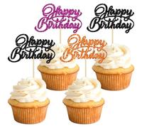 Ephlyn 24Pcs Happy Birthday Cupcake Toppers Glitter Happy Birthday Cupcake Picks for Celebrating Halloween Anniversary Theme Party Cake Decorations Supplies Orange Black Purple