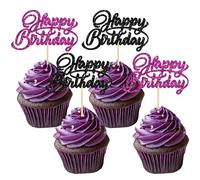 Ephlyn 24Pcs Happy Birthday Cupcake Toppers Glitter Happy Birthday Cupcake Picks for Celebrating Halloween Anniversary Theme Party Cake Decorations Supplies Black Purple