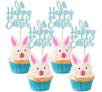 Ephlyn 24Pcs Happy Easter Cupcake Toppers Glitter Cute Easter Bunny Ear Cake Pick Decorations for Easter Spring Theme Baby Shower Kids Birthday Party Supplies Blue