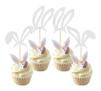 Ephlyn 24Pcs Happy Easter Cupcake Toppers Glitter Easter Bunny Ear Cupcake Pick Decorations for Easter Spring Theme Baby Shower Kids Birthday Party Supplies Silver