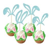 Ephlyn 24Pcs Happy Easter Cupcake Toppers Glitter Easter Bunny Ear Cupcake Pick Decorations for Easter Spring Theme Baby Shower Kids Birthday Party Supplies Blue