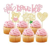 Ephlyn 24Pcs Happy Valentine's Day Cupcake Toppers Glitter Love I DO Bear Heart Cupcake Pick Decorations for Valentines Day Wedding Engagement Anniversary Party Supplies Pink Gold