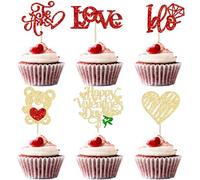 Ephlyn 24Pcs Happy Valentine's Day Cupcake Toppers Glitter Love I DO Bear Heart Cupcake Pick Decorations for Valentines Day Wedding Engagement Anniversary Party Supplies Red Gold