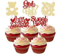 Ephlyn 24Pcs Happy Valentine's Day Gender Reveal Cupcake Toppers Glitter Little Sweetheart Bear Cupcake Picks for Valentines Day Baby Shower Party Cake Decoration Gold Red