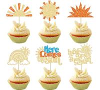 Ephlyn 24Pcs Here Comes The Son Cupcake Toppers Glitter Here Comes the Son Baby Shower Decorations Sunshine Cupcake Picks for Sun Theme Baby Shower 1st Birthday Party Supplies Blue Gold Orange