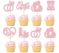 Ephlyn 24Pcs Just Engaged Cupcake Toppers Glitter Ring Love Propose Engagement Cupcake Pick Decorations for Bridal Shower Engagement Wedding Decoration Party Supplies Pink