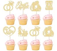 Ephlyn 24Pcs Just Engaged Cupcake Toppers Glitter Ring Love Propose Engagement Cupcake Pick Decorations for Bridal Shower Engagement Wedding Decoration Party Supplies Gold