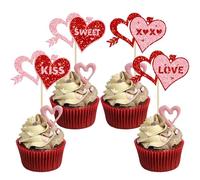 Ephlyn 24Pcs Love Heart Cupcake Toppers Glitter Heart Kiss Cupcake Picks Sweet Love Cupcake Decorations for Wedding Engagement Bridal Shower Valentine's Day Party Cake Decorations Red Pink