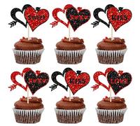 Ephlyn 24Pcs Love Heart Cupcake Toppers Glitter Heart Kiss Cupcake Picks Sweet Love Cupcake Decorations for Wedding Engagement Bridal Shower Valentine's Day Party Cake Decorations Rose Red