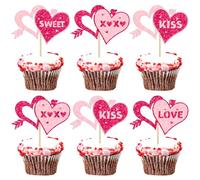 Ephlyn 24Pcs Love Heart Cupcake Toppers Glitter Heart Kiss Cupcake Picks Sweet Love Cupcake Decorations for Wedding Engagement Bridal Shower Valentine's Day Party Cake Decorations Pink