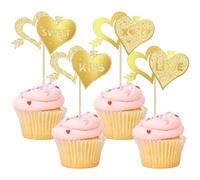 Ephlyn 24Pcs Love Heart Cupcake Toppers Glitter Heart Kiss Cupcake Picks Sweet Love Cupcake Decorations for Wedding Engagement Bridal Shower Valentine's Day Party Cake Decorations Gold