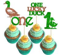 Ephlyn 24Pcs Mallard Duck 1st Birthday Cupcake Toppers Duck Themed Cake Decorations 1st Happy Birthday Party Decorations for Mallard Duck First Birthday Party Decor Supplies Green