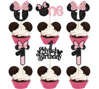 Ephlyn 24Pcs Mouse 1st Birthday Cupcake Toppers, Pink Bow Mini First Birthday Cake Decorations Mouse One Cupcake Picks for Baby Shower 1st Birthday Party Decors Black Pink