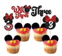 Ephlyn 24Pcs Mouse 3rd Birthday Cupcake Toppers Bow Mini Third Birthday Cake Decorations Mouse Three Cupcake Picks for Baby Shower Kids Birthday Party Decors Black Red