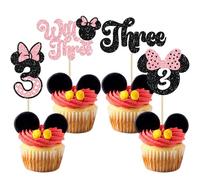 Ephlyn 24Pcs Mouse 3rd Birthday Cupcake Toppers Bow Mini Third Birthday Cake Decorations Mouse Three Cupcake Picks for Baby Shower Kids Birthday Party Decors Black Pink