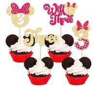 Ephlyn 24Pcs Mouse 3rd Birthday Cupcake Toppers Bow Mini Third Birthday Party Decorations Mouse Three Cupcake Picks for Baby Shower 3rd Birthday Party Decorations Gold Pink