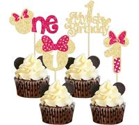 Ephlyn 24Pcs My 1st Birthday Mouse Inspired Cupcake Toppers, Pink Bow Mini One Cupcake Picks Decorations for Baby Shower Kids First Birthday Party Cake Decorations Gold Pink
