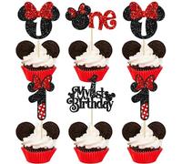 Ephlyn 24Pcs My 1st Birthday Mouse Inspired Cupcake Toppers, Pink Bow Mini One Cupcake Picks Decorations for Baby Shower Kids First Birthday Party Cake Decorations Black Red