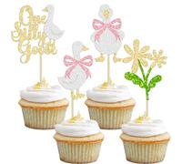 Ephlyn 24Pcs One Silly Goose Cupcake Toppers 1st Birthday Cupcake Picks Silly Goose Birthday Decorations for Baby Shower Boys Girls First Birthday Party Supplies Muti Gold