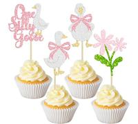 Ephlyn 24Pcs One Silly Goose Cupcake Toppers First Birthday Decorations Silly Goose 1st Birthday Cupcake Pick for Baby Shower Boys Girls First Birthday Party Supplies Multi Pink