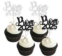 Ephlyn 24Pcs Prom 2025 Cupcake Toppers Glitter Prom 2025 Graduation Cupcake Picks Decoration for Class of 2025 Graduation College Prom Party Cake Decorations Black Silver