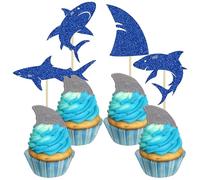 Ephlyn 24Pcs Shark Cupcake Toppers Blue Glitter Shark Fin Cupcake Picks Ocean Animals Shark Theme Baby Shower Kids Birthday Party Cake Decorations Supplies Blue