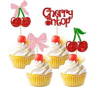 Ephlyn 24Pcs She's the Cherry On Top Cupcake Toppers Glitter Sweet Cherry Cupcake Picks Baby Shower Decorations for Fruit Theme Wedding Bridal Shower Birthday Party Cake Decorations Supplies