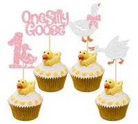 Ephlyn 24Pcs Silly Goose Cupcake Toppers Glitter One Silly Goose Birthday Cake Topper White Goose Decorations for 1st Birthday Party Supplies Pink