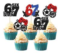 Ephlyn 24Pcs Six Seven Cupcake Toppers Funny 6 7 Party Decorations Funny Six Seven Birthday Cake Decorations for Sports Game 6 7 Theme Party Supplies Red Blue