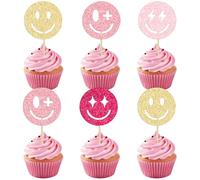 Ephlyn 24Pcs Smile Face Cupcake Toppers Glitter Cut Face Cupcake Picks Smile Cupcake Toppers For Baby Shower Birthday Party Cake Decorations Supplies Pink