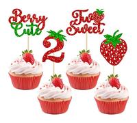 Ephlyn 24Pcs Strawberry Two Cupcake Toppers Glitter Sweet Two Cupcake Picks Berry 2nd Birthday Decor for Fruit Theme Baby Shower Second Birthday Party Cake Decorations