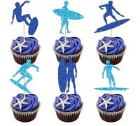 Ephlyn 24Pcs Surfing Cupcake Toppers Blue Glitter Surfboard Sport Cupcake Picks Surfs Up Ride the Waves Cake Toppers for Surf Theme Baby Shower Kids Birthday Party Cake Decor Supplies