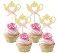 Ephlyn 24Pcs Teapot Cupcake Toppers Bow Floral Tea Time Cupcake Picks Afternoon Tea Party Decorations for Tea Party Theme Baby Shower Wedding Birthday Party Cake Decorations Supplies Pink
