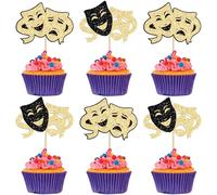 Ephlyn 24Pcs Theatrical Mask Cupcake Toppers Glitter Comedy Movie Cake Topper Decorations for Film Festival Theme Birthday Party Cake Decorations Supplies Black Gold