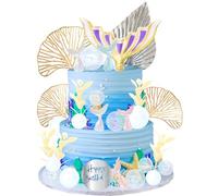 Ephlyn 26 Pack Mermaid Cake Topper Round Happy Birthday Mermaid Tails Seaweed Bubbles Shells Golden Ginkgo Leaves Cake Set for Under The Sea Party Supplies Multicolor