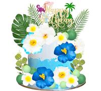 Ephlyn 27 Pack Hawaiian Flower Cake Toppers Summer Birthday Foam Ball Cake Decoration Palm Leaves and Hibiscus Flower for Hawaiian Aloha Flamingo Themed Party Supplies Blue