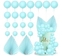 Ephlyn 28Pcs Paper Palm Fan Cake Topper Balls Cake Pick for Baby Shower Wedding Bridal Shower Birthday Anniversary Party DIY Cake Decorations Supplies Light Blue