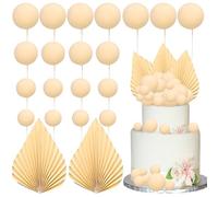 Ephlyn 28Pcs Paper Palm Fan Cake Topper Balls Cake Pick for Baby Shower Wedding Bridal Shower Birthday Party DIY Party Cake Decorations Supplies Beige