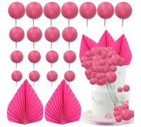 Ephlyn 28Pcs Paper Palm Fan Cake Topper Balls Cake Pick Wedding Bridal Shower DIY Cake Decorations for Baby Shower Wedding Birthday Anniversary Party Supplies Rose Red