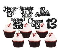 Ephlyn 30Pcs 13th Birthday Cupcake Toppers Glitter Thirteen Happy 13th Straight Outta 2013 Cupcake Picks for Cheers to 13 Years Birthday Anniversary Party Decorations Supplies Black