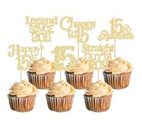 Ephlyn 30Pcs 15th Birthday Cupcake Toppers Glitter Fifteen Happy 15 Straight Outta 2011 Cupcake Picks for Cheers to 15 Years 15th Birthday Wedding Anniversary Party Decorations Supplies Black